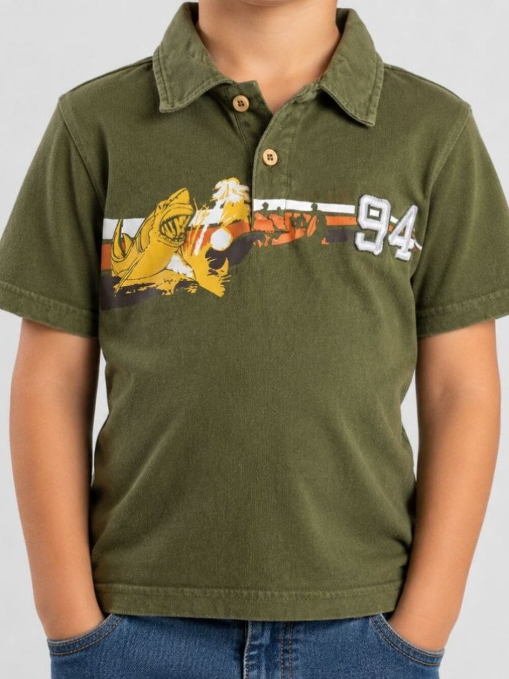 Old Navy Boys Green Polo Shirt Size 5T 100% Cotton Graphic Short Sleeve